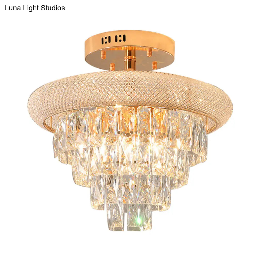 Semi Mount 9-Light Traditional Crystal Ceiling Flush Fixture In Gold