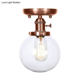 Semi Mount Industrial Ceiling Light In Copper - Clear/Amber Glass Globe Round Design 1 Bulb Perfect