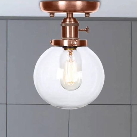 Semi Mount Industrial Ceiling Light In Copper - Clear/Amber Glass Globe Round Design 1 Bulb Perfect