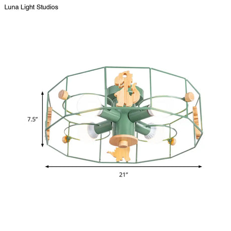 Semi Mount Metal Drum Cage Ceiling Lamp With Dinosaur Decoration - Green Finish 4 Lights