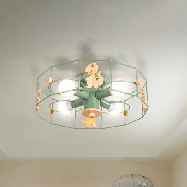 Semi Mount Metal Drum Cage Ceiling Lamp With Dinosaur Decoration - Green Finish 4 Lights