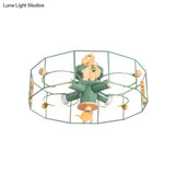 Semi Mount Metal Drum Cage Ceiling Lamp With Dinosaur Decoration - Green Finish 4 Lights