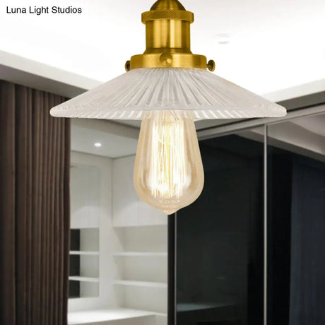 Semi Mount Ribbed Glass Cone Ceiling Light In Black/Brass/Copper - Industrial Style For Living Room