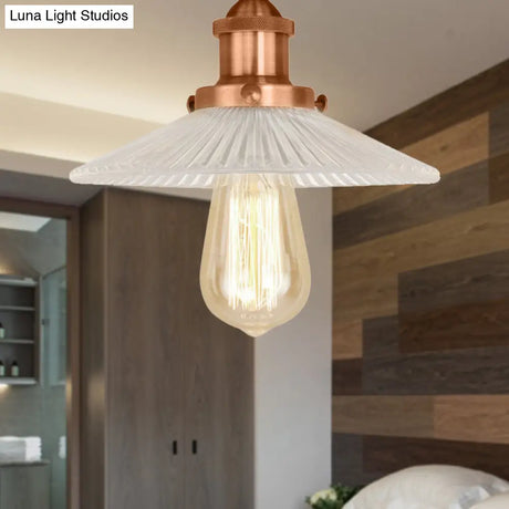 Semi Mount Ribbed Glass Cone Ceiling Light In Black/Brass/Copper - Industrial Style For Living Room