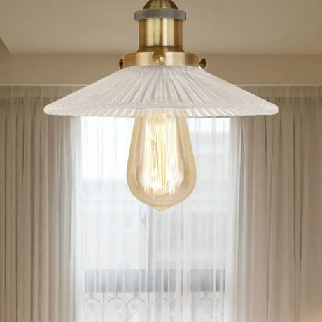 Semi Mount Ribbed Glass Cone Ceiling Light In Black/Brass/Copper - Industrial Style For Living Room