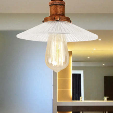 Semi Mount Ribbed Glass Cone Ceiling Light In Black/Brass/Copper - Industrial Style For Living Room