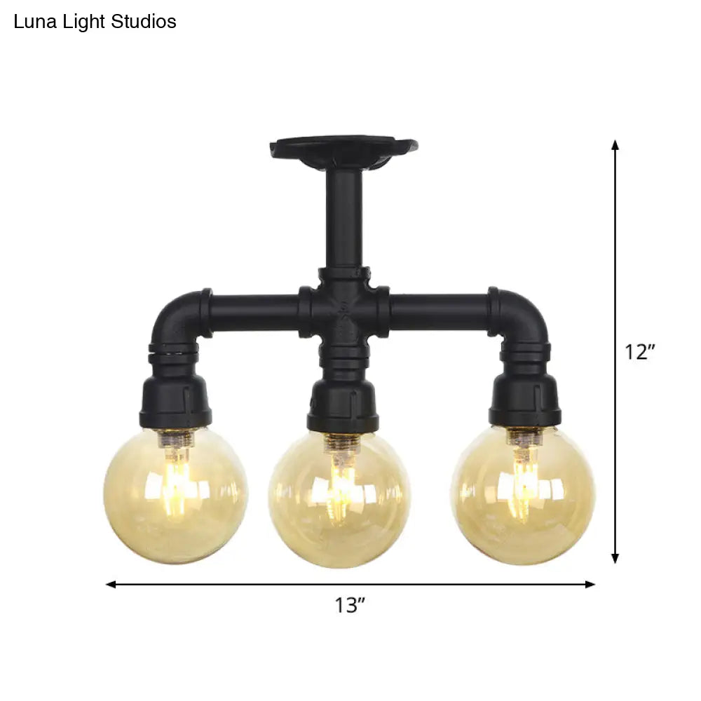 Semi Mount Vintage Corridor Flush Lamp With Amber Glass Shade In Black - 3/4 Bulbs