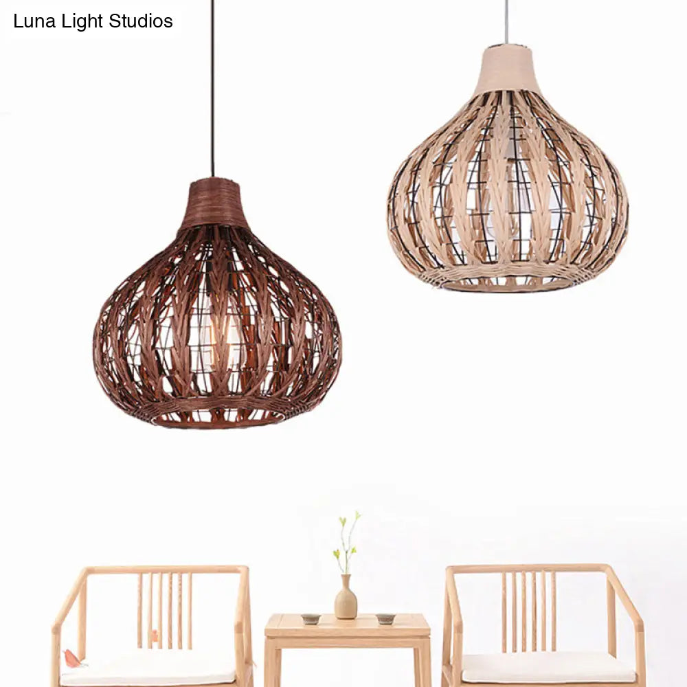 Shaded Onion Ceiling Light - Asian Style Rattan Restaurant Hanging Fixture