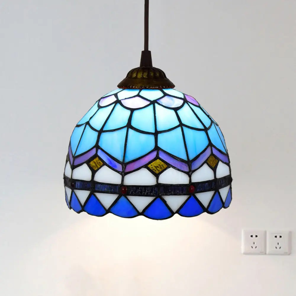 Shaded Tiffany Glass Pendant Light - Elegant 1-Bulb Suspension Fixture For Corridor Sky Blue