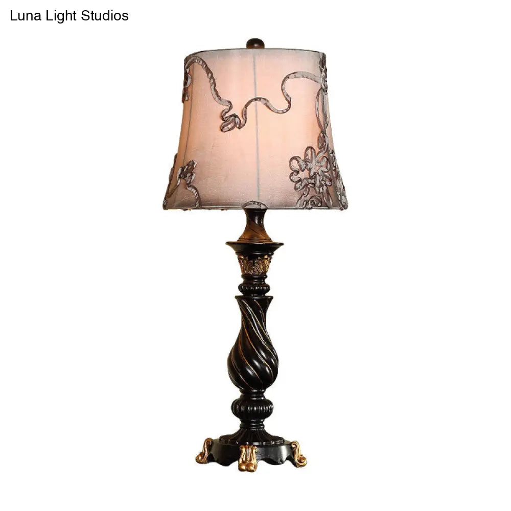 Black Drum Nightstand Lamp With Swirl Fabric Pattern & Blaster Base - Classic Design