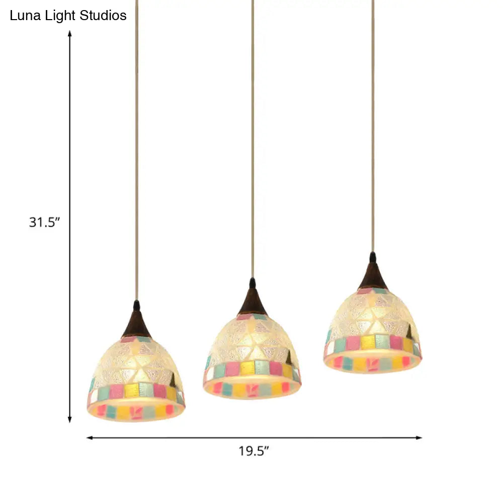 Shell Bell Pendant Light Fixture - Mediterranean 3-Light Bronze Lamp With Mosaic Edge