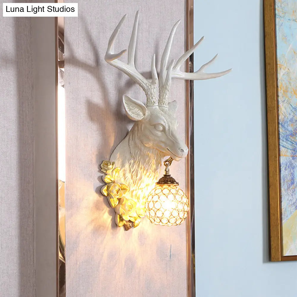Sika Deer Resin Wall Light: Countryside 1-Head Floral Sconce With Crystal Shade - White/Brown/Bronze