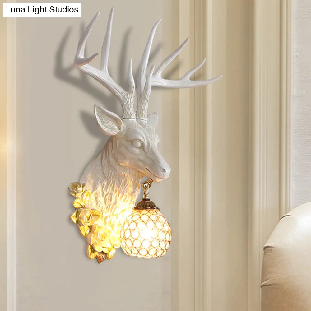 Sika Deer Resin Wall Light: Countryside 1-Head Floral Sconce With Crystal Shade - White/Brown/Bronze