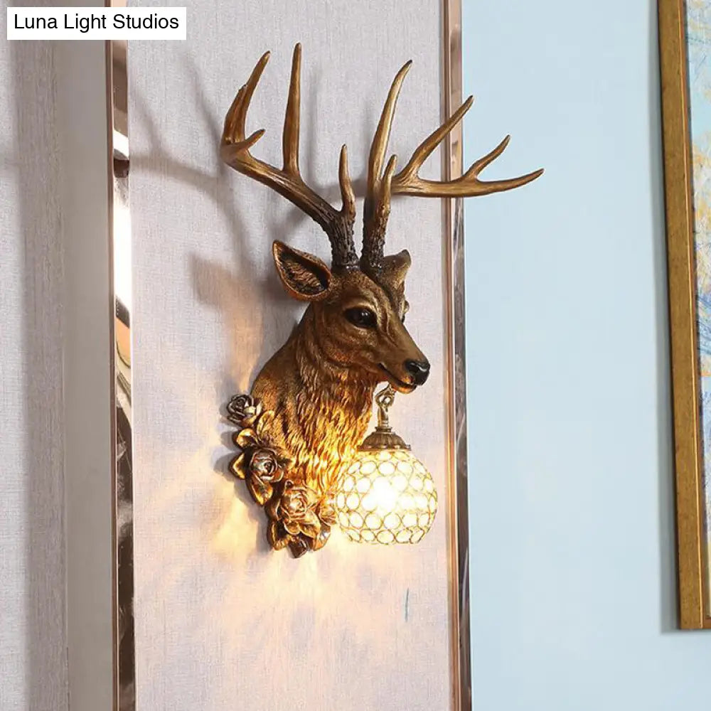 Sika Deer Resin Wall Light: Countryside 1-Head Floral Sconce With Crystal Shade - White/Brown/Bronze