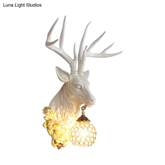Sika Deer Resin Wall Light: Countryside 1-Head Floral Sconce With Crystal Shade - White/Brown/Bronze