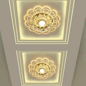 Silver Flush Mount Led Ceiling Light Fixture With Clear Crystal Flower Design - Warm/Multi Color