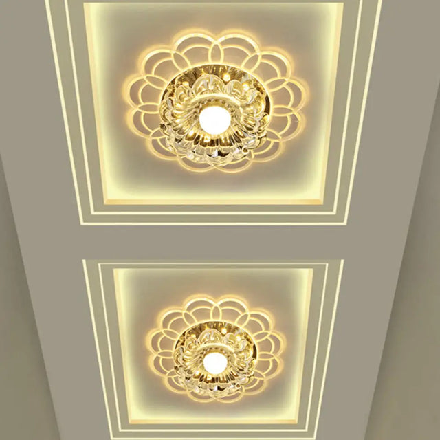 Silver Flush Mount Led Ceiling Light Fixture With Clear Crystal Flower Design - Warm/Multi Color