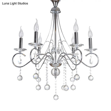 Silver Metal Chandelier With Crystal Ball Décor - 6 Heads Traditional Candle-Style Lighting For
