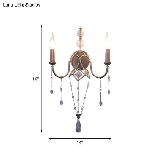 Silver Rustic Metal Candle Wall Sconce With Crystal Bracelet Décor - 2 Head Living Room Lighting