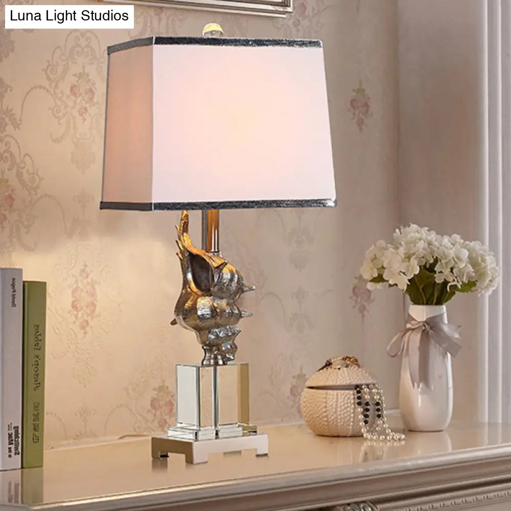 Silver/White Conch Shell Night Light Countryside Resin Table Lamp With Pleated Fabric Shade
