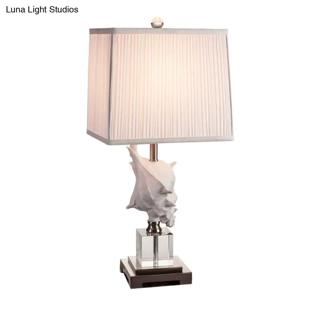 Silver/White Conch Shell Night Light Countryside Resin Table Lamp With Pleated Fabric Shade