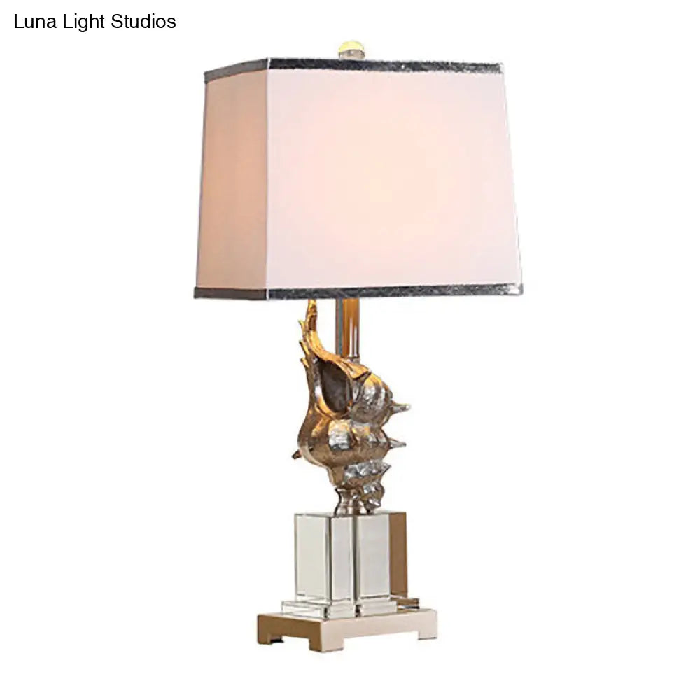 Silver/White Conch Shell Night Light Countryside Resin Table Lamp With Pleated Fabric Shade