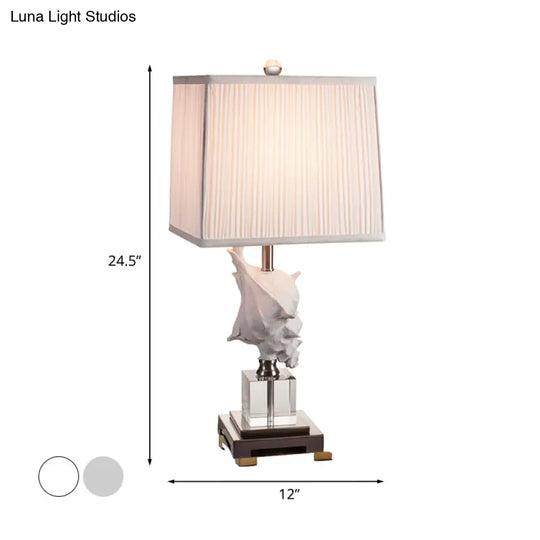 Silver/White Conch Shell Night Light Countryside Resin Table Lamp With Pleated Fabric Shade