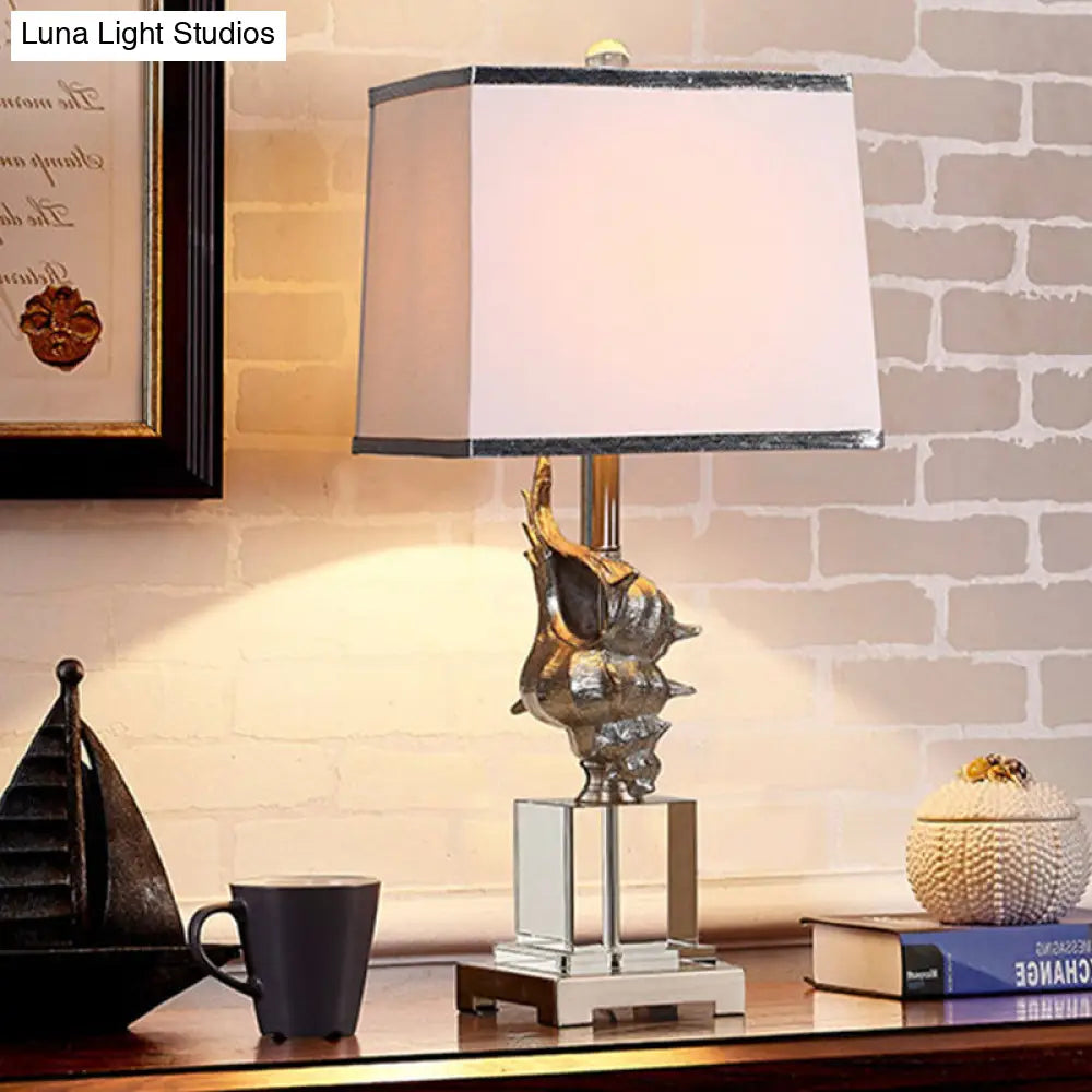 Silver/White Conch Shell Night Light Countryside Resin Table Lamp With Pleated Fabric Shade