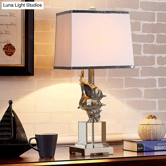 Silver/White Conch Shell Night Light Countryside Resin Table Lamp With Pleated Fabric Shade