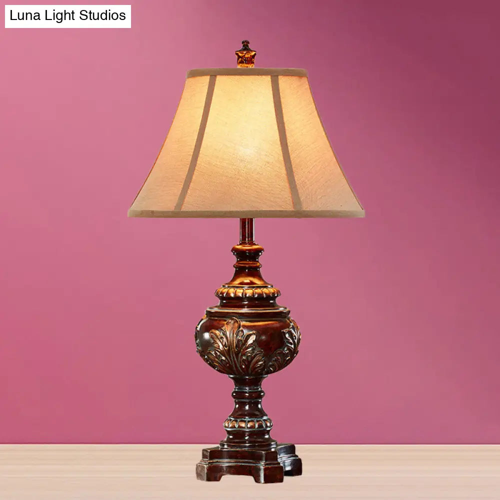 Traditional Style Brown Fabric Nightstand Lamp With Bell Shade - Ideal Bedside Desk Light