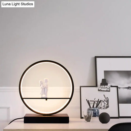 Romantic Acrylic Table Lamp: Simple Black/White Hoop Nightstand Light With Lover Statuette