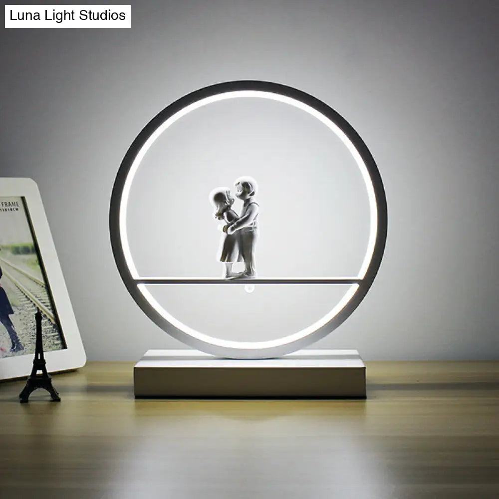 Romantic Acrylic Table Lamp: Simple Black/White Hoop Nightstand Light With Lover Statuette