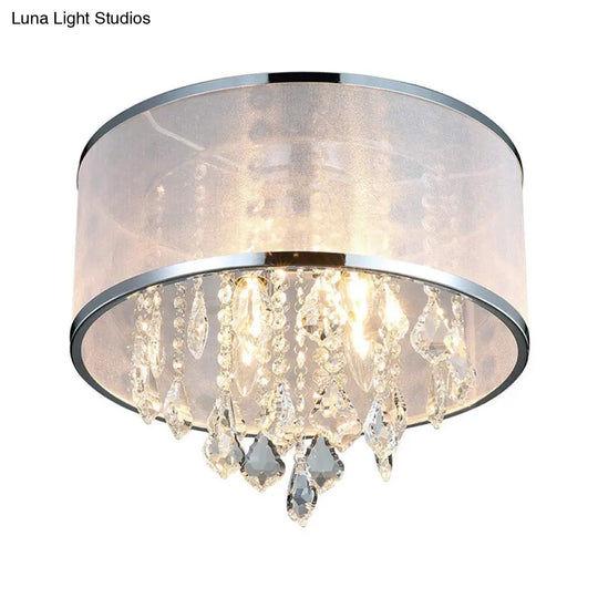 Simple 4-Light Drum Shade Flush Mount Fixture For Bedroom Ceiling Light With Crystal Accent - Chrome