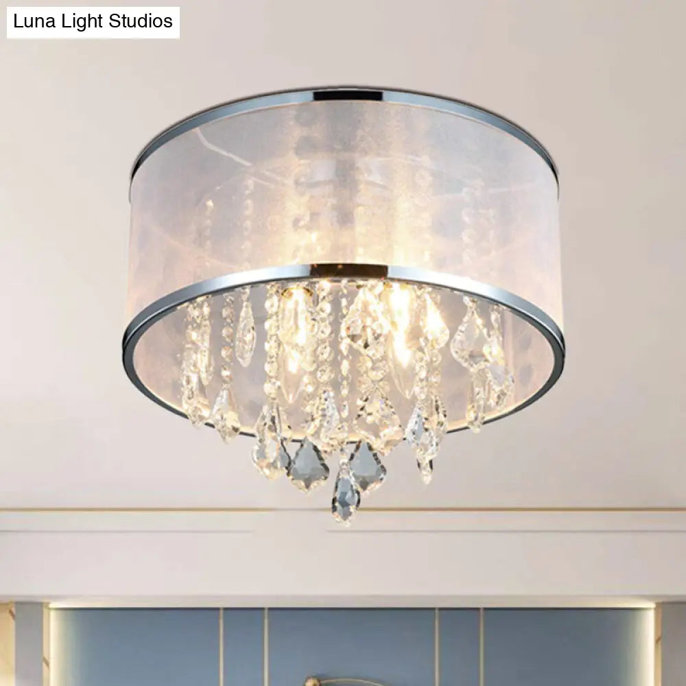 Simple 4-Light Drum Shade Flush Mount Fixture For Bedroom Ceiling Light With Crystal Accent - Chrome