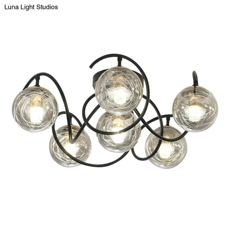 Simple Black Semi Flush Mount Ceiling Lamp With 6 Bulbs And Global Clear/Smoke Gray Glass Shade