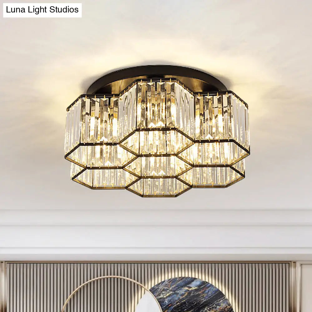 Simple Crystal Hexagonal Flush Mount Light Fixture For Bedroom - Black 3/7 Heads Ceiling Lighting