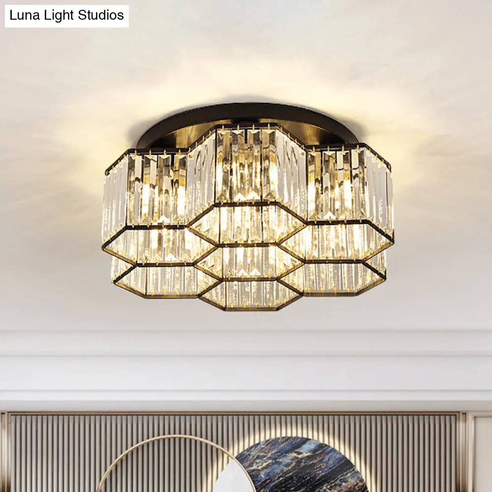 Simple Crystal Hexagonal Flush Mount Light Fixture For Bedroom - Black 3/7 Heads Ceiling Lighting