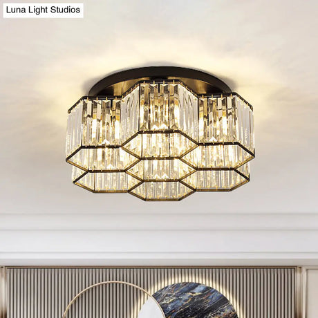 Simple Crystal Hexagonal Flush Mount Light Fixture For Bedroom - Black 3/7 Heads Ceiling Lighting