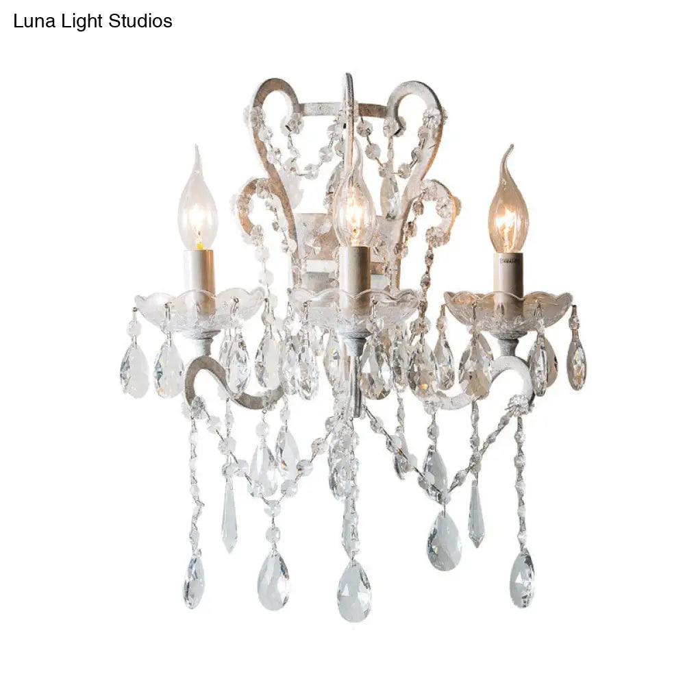 Simple Crystal Teardrop Wall Sconce With 3 Bulbs - Elegant Dining Room Lighting In White