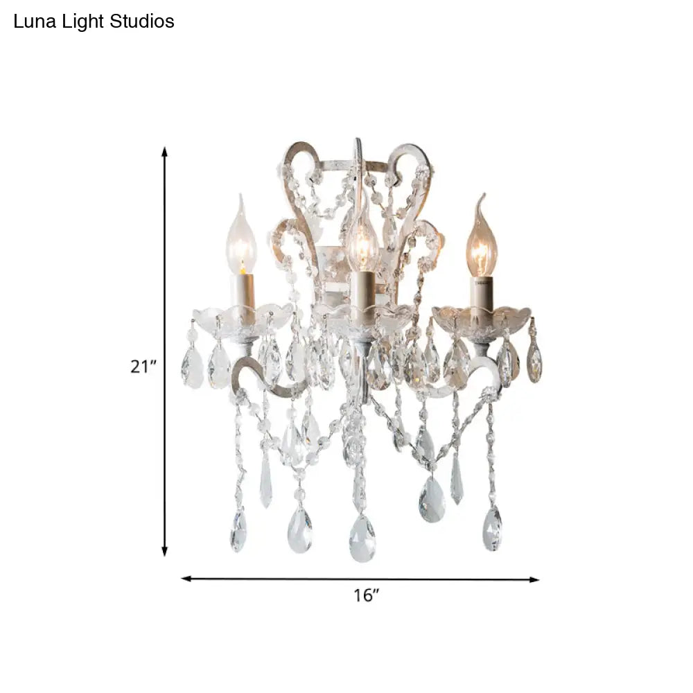 Simple Crystal Teardrop Wall Sconce With 3 Bulbs - Elegant Dining Room Lighting In White