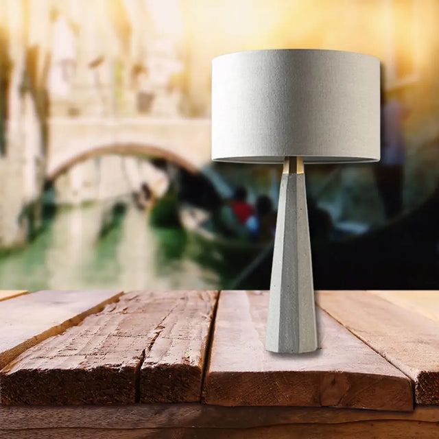 Simple Drum Fabric Table Lamp With Grey Tapered Cement Base - Ideal For Study Room Lighting