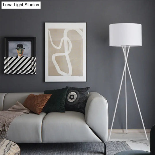 Simple Fabric Drum Shade Floor Reading Lamp With Tripod Stand - White/Black 1 Light