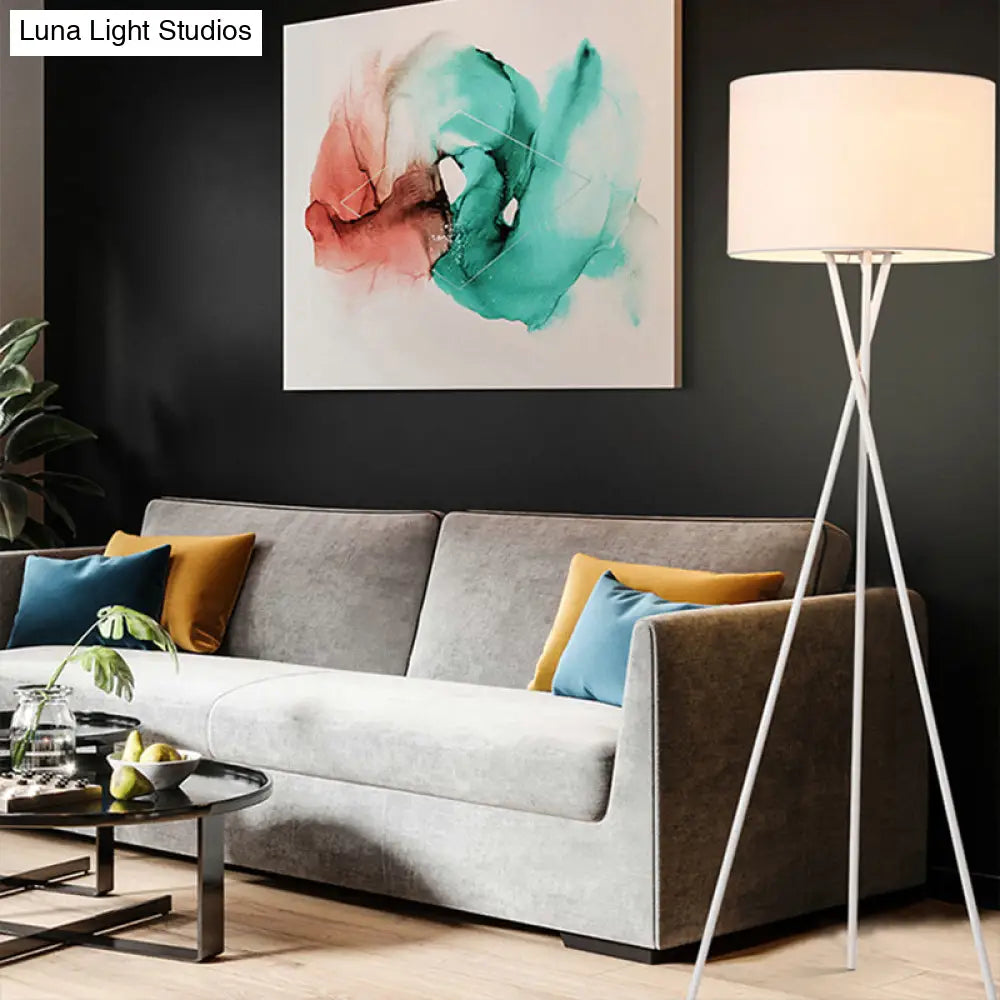 Simple Fabric Drum Shade Floor Reading Lamp With Tripod Stand - White/Black 1 Light