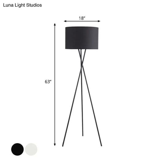 Simple Fabric Drum Shade Floor Reading Lamp With Tripod Stand - White/Black 1 Light