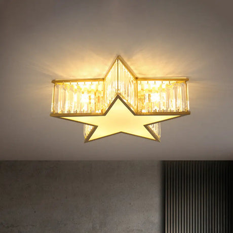 Simple Gold Flush Mount Ceiling Light Fixture With Star Crystal Shade - Ideal For Bedrooms 5 Lights