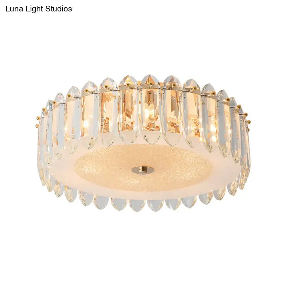 Simple Gold Flushmount Lighting - Drum Crystal Fixture With 6 Bulbs For Bedroom