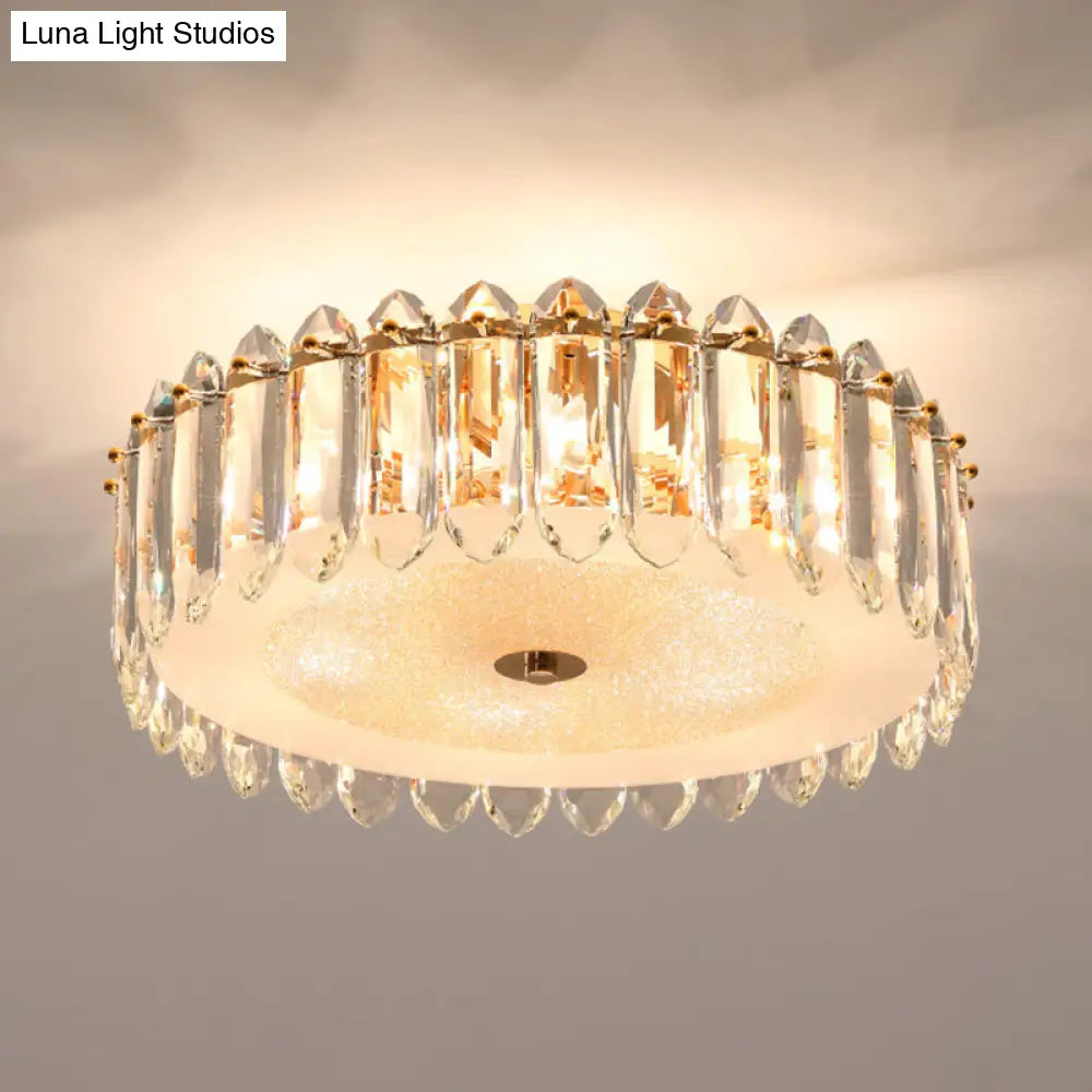Simple Gold Flushmount Lighting - Drum Crystal Fixture With 6 Bulbs For Bedroom