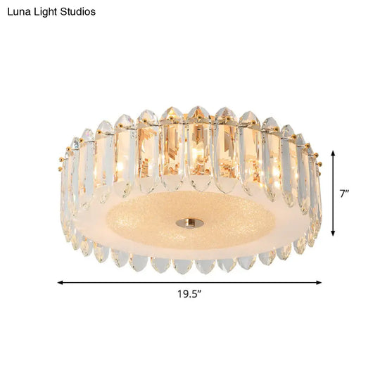 Simple Gold Flushmount Lighting - Drum Crystal Fixture With 6 Bulbs For Bedroom