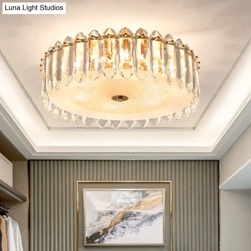Simple Gold Flushmount Lighting - Drum Crystal Fixture With 6 Bulbs For Bedroom