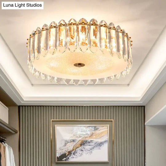 Simple Gold Flushmount Lighting - Drum Crystal Fixture With 6 Bulbs For Bedroom